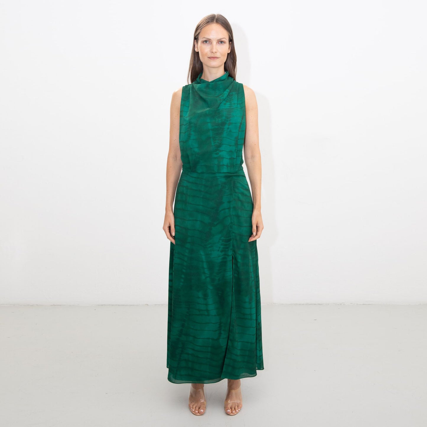 GREEN SHIBORI SCARF HALTER DRESS