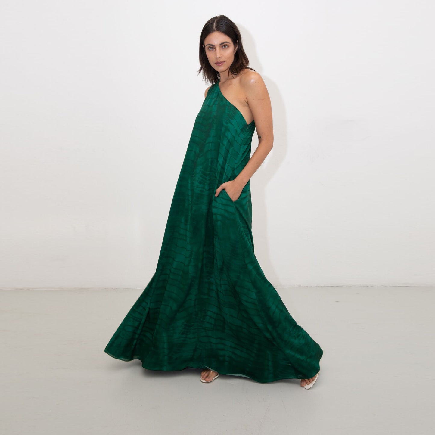 GREEN SHIBORI TRAPEZE MAXI DRESS