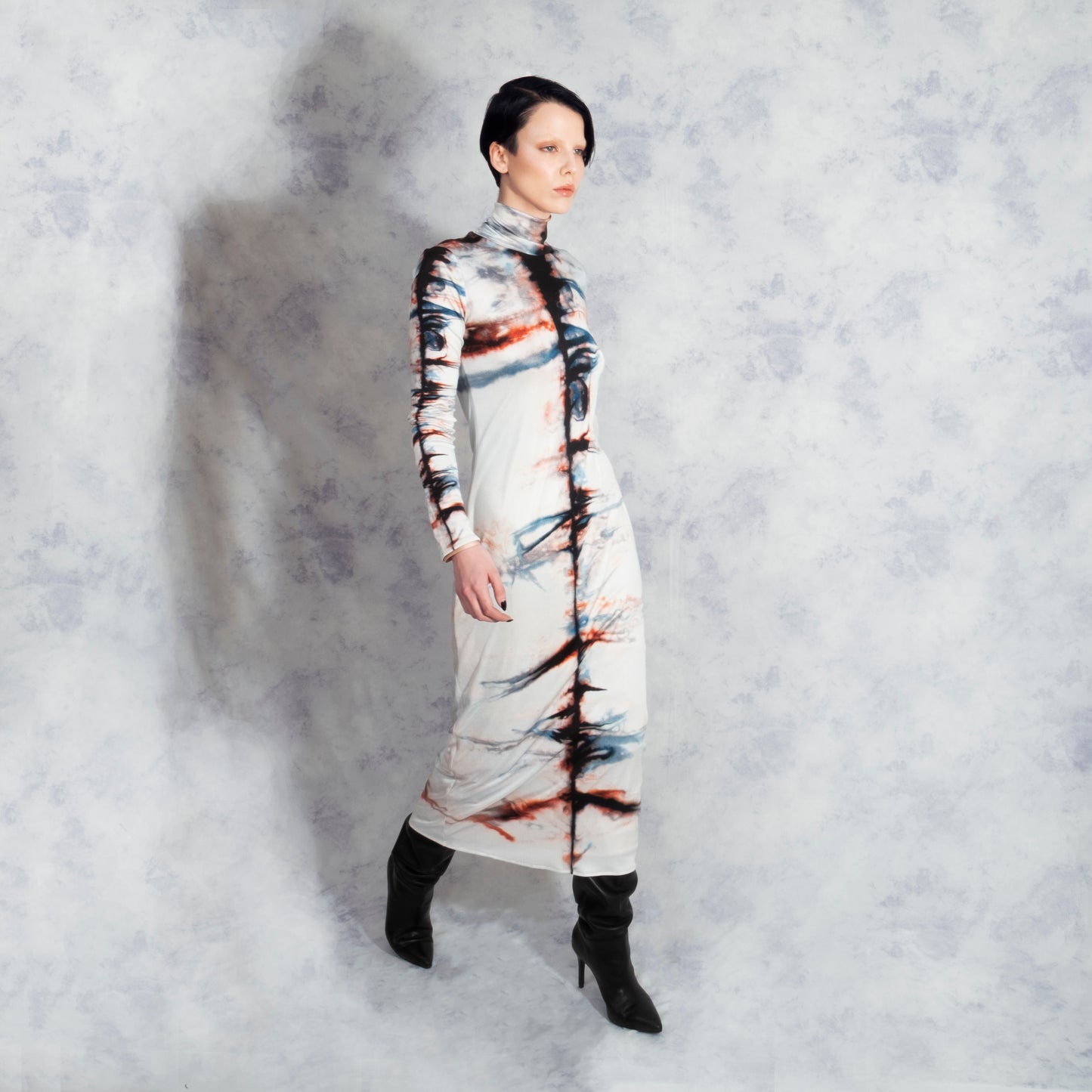 SILK SHIBORI TURTLENECK DRESS