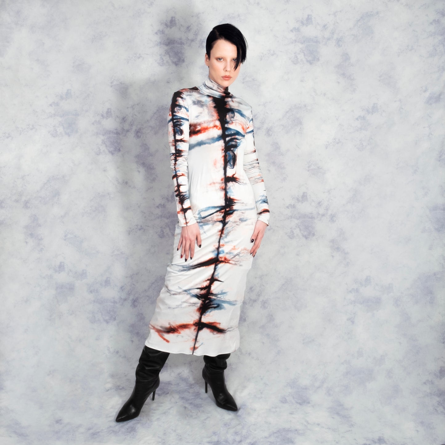 SILK SHIBORI TURTLENECK DRESS