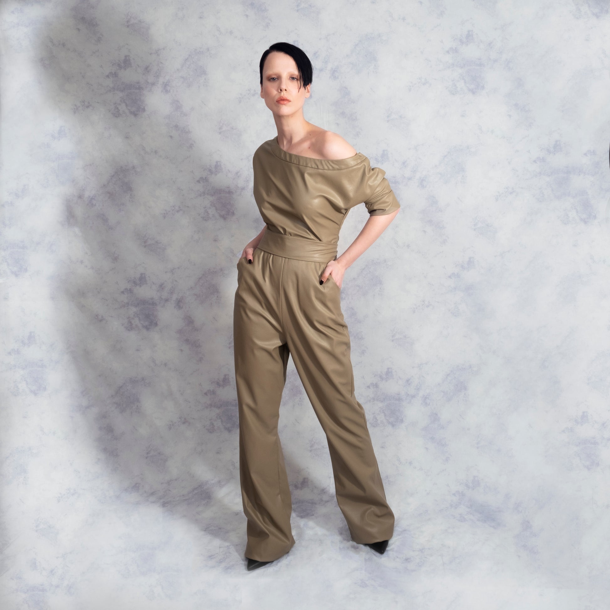 ONE SHOULDER JUMPSUIT Vegan Leather Riona Treacy Camel