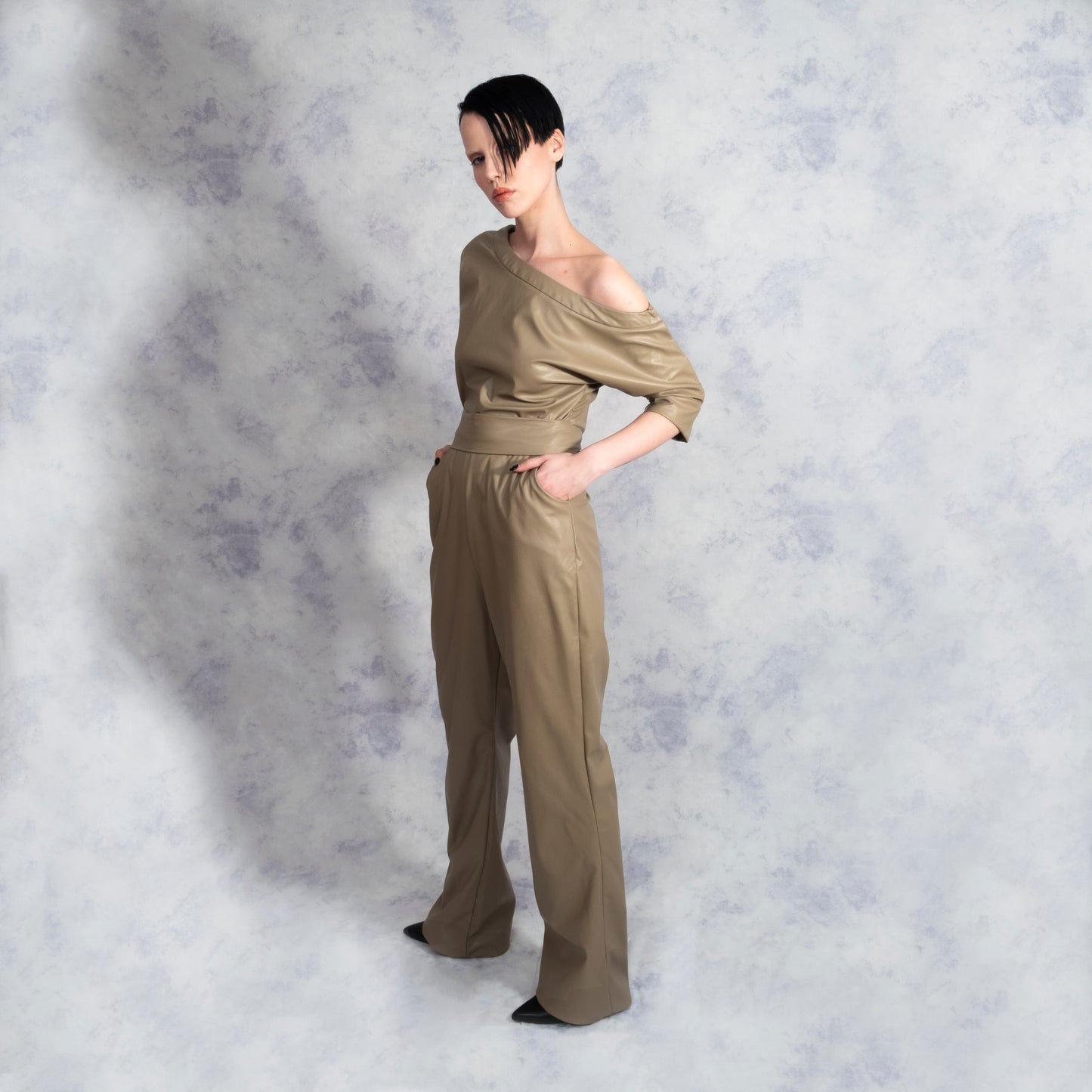 ONE SHOULDER JUMPSUIT Vegan Leather Riona Treacy Camel