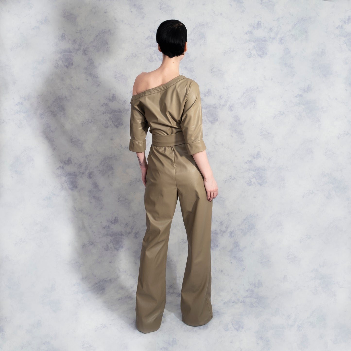 ONE SHOULDER JUMPSUIT Vegan Leather Riona Treacy Camel