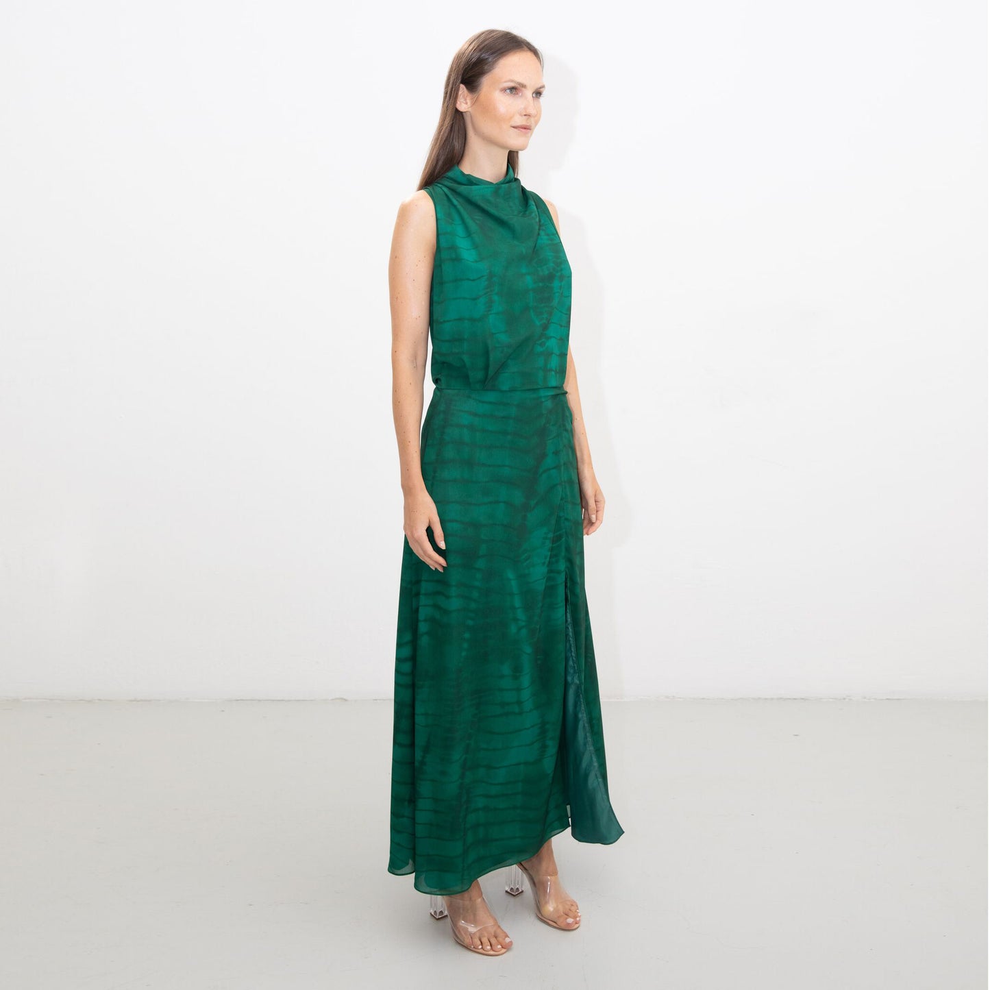 GREEN SHIBORI SCARF HALTER DRESS