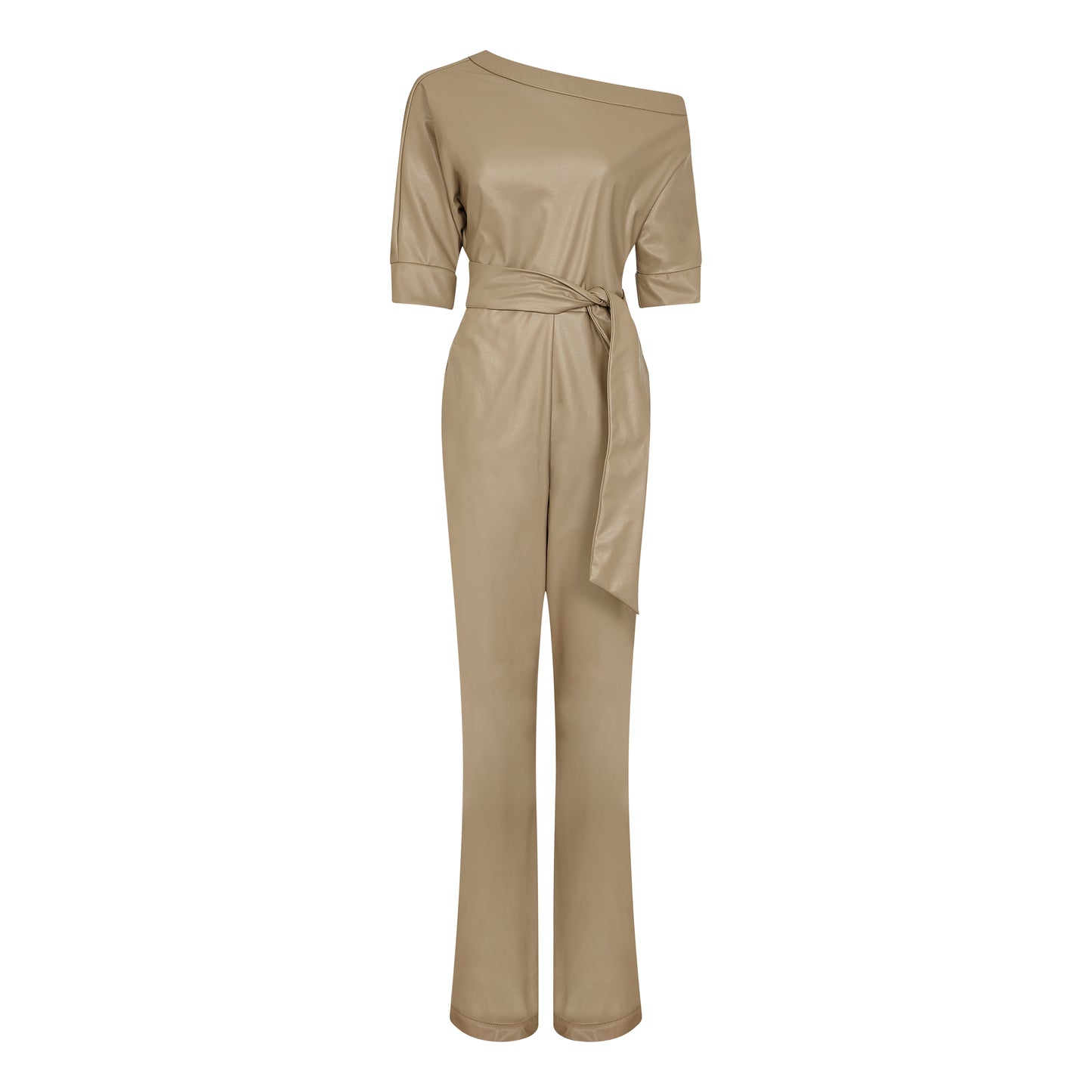 ASYMMETRIC VEGAN LEATHER JUMPSUIT