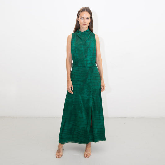 GREEN SHIBORI SCARF HALTER DRESS