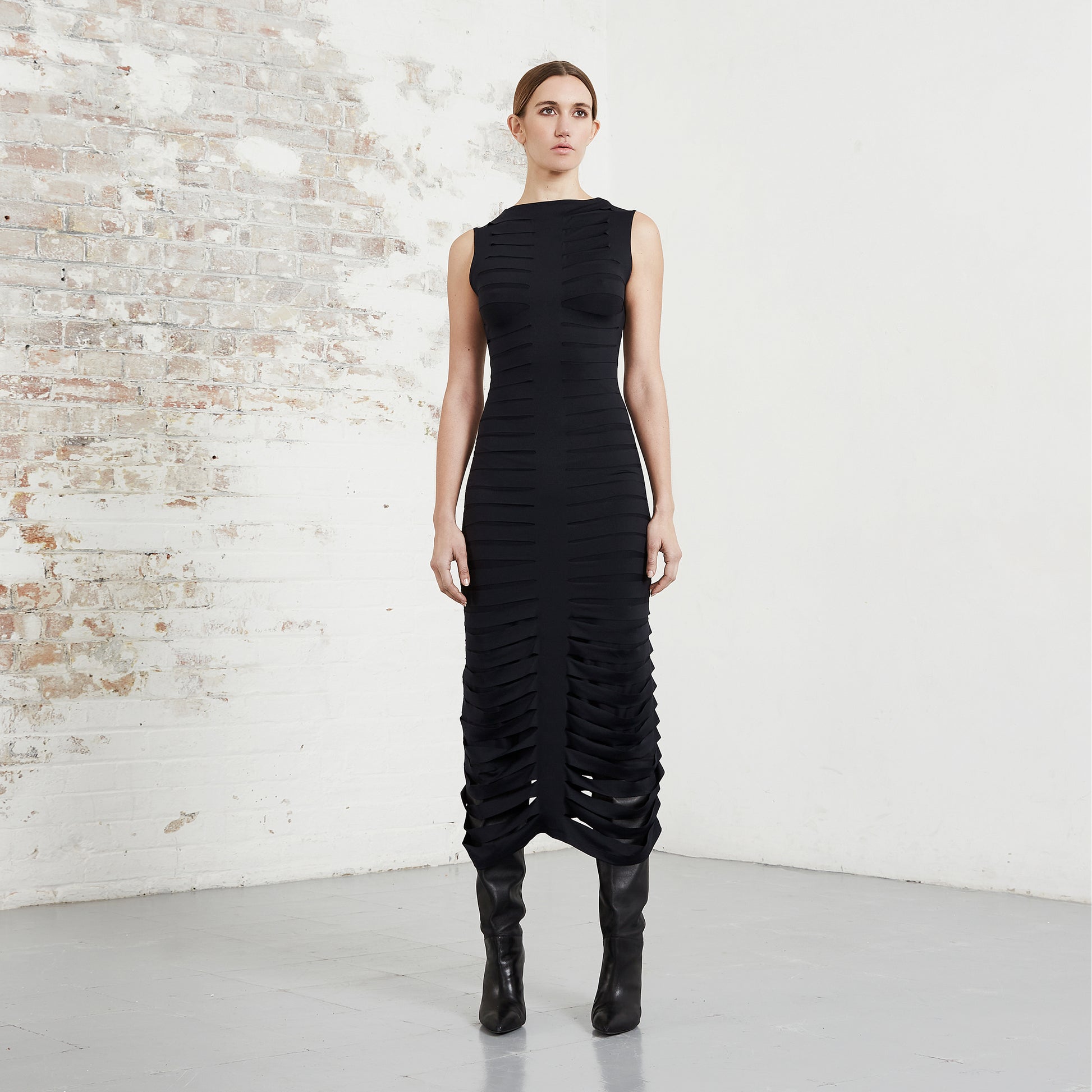 BLACK RIBBONS DRESS SLASH JERSEY RIBBONS RIONA TREACY AW20