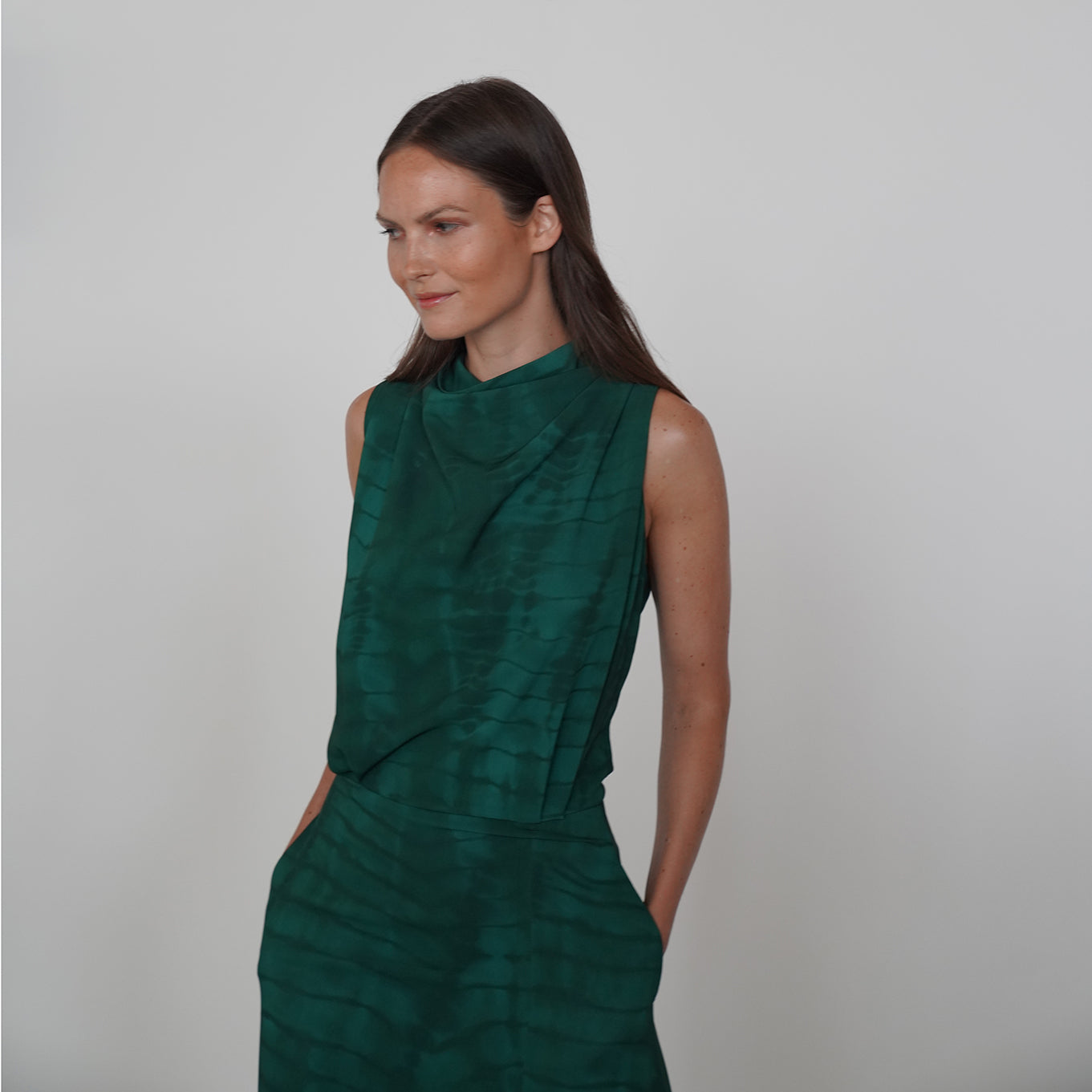 GREEN SHIBORI SCARF HALTER DRESS