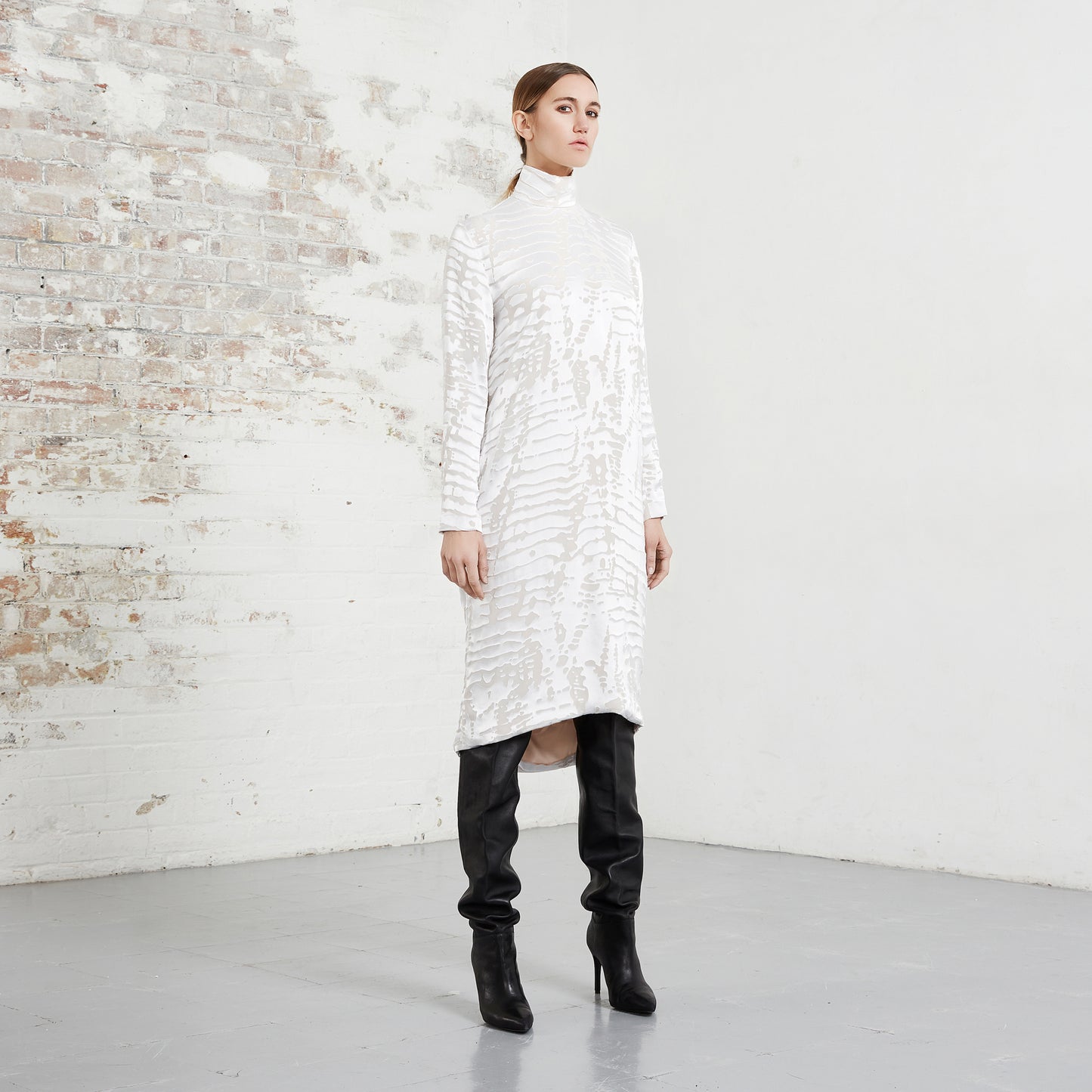 Turtleneck Bustle Dress Devore Ivory Silk Riona Treacy