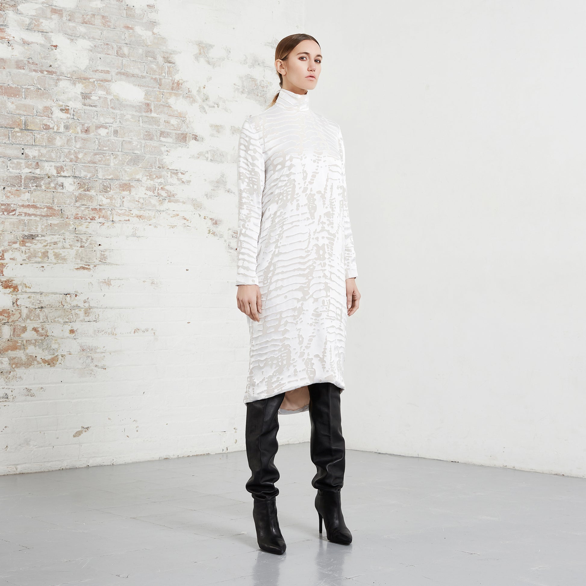 Turtleneck Bustle Dress Devore Ivory Silk Riona Treacy