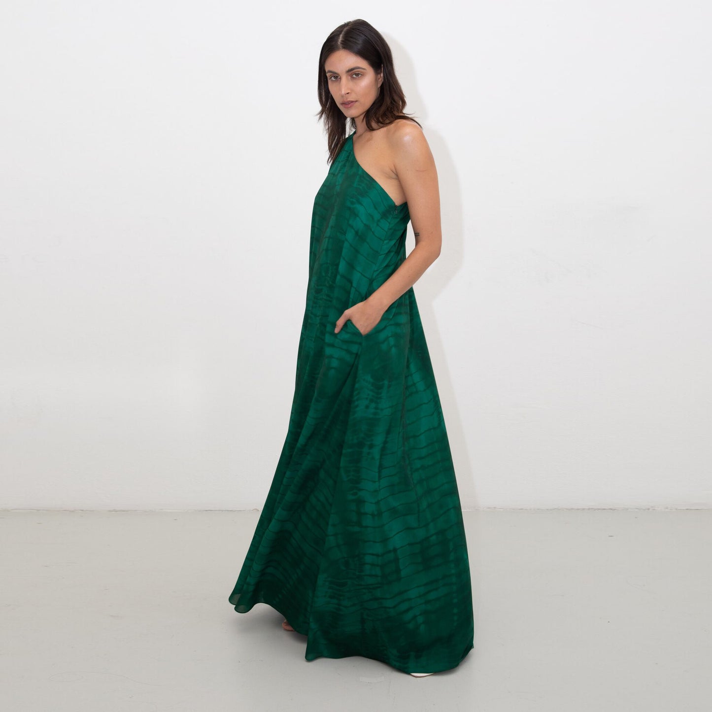 GREEN SHIBORI TRAPEZE MAXI DRESS