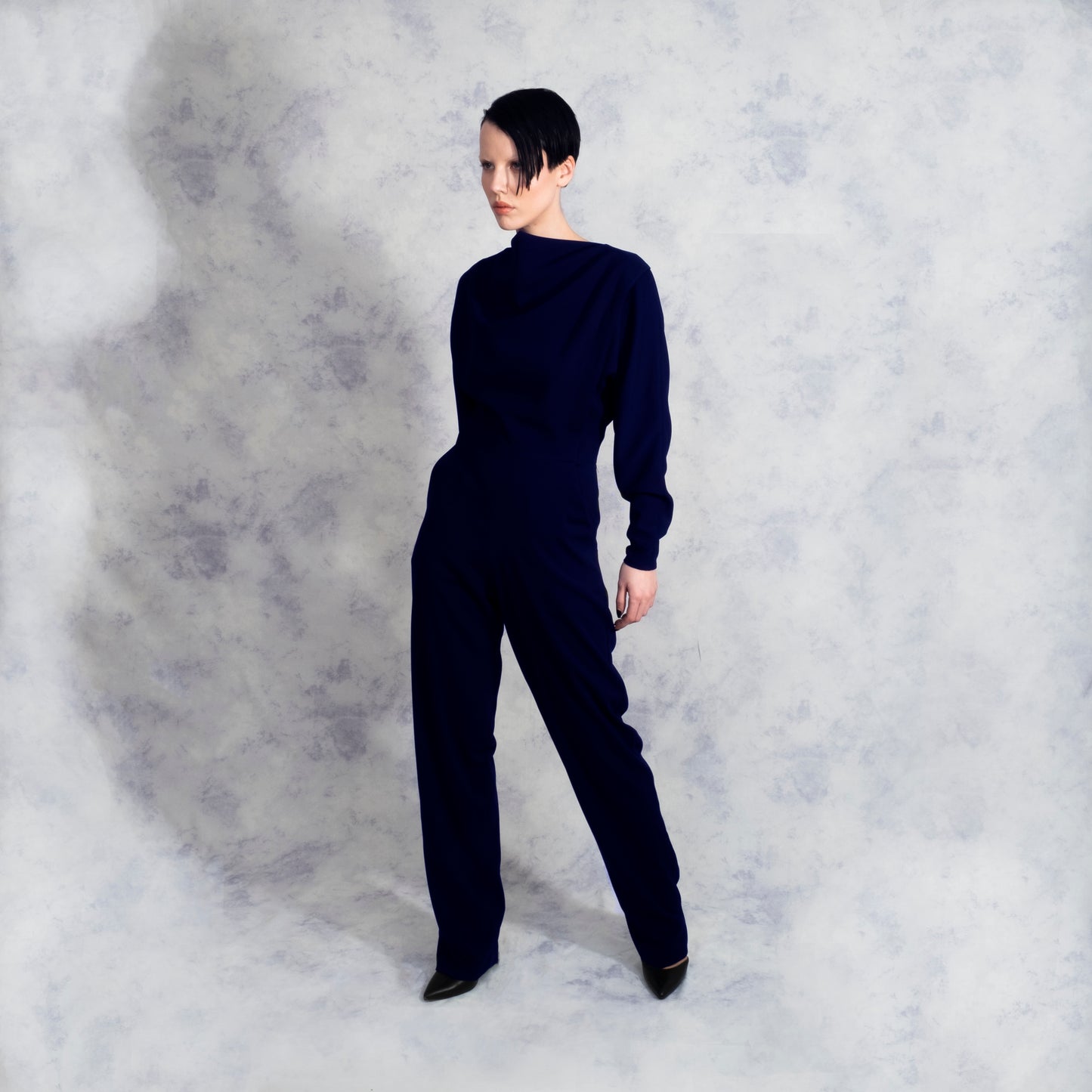 NAVY COWL NECK JUMPSUIT