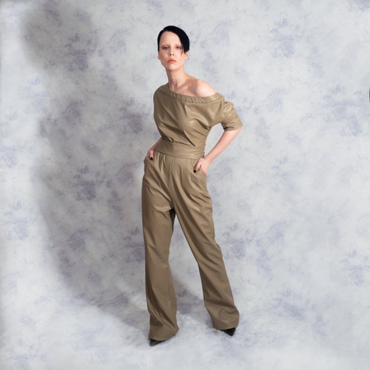 ONE SHOULDER JUMPSUIT Vegan Leather Riona Treacy Camel